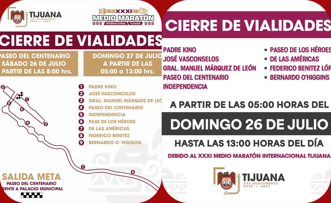 Anuncian cierres viales por el 31 Medio Maratón Internacional de Tijuana 2026