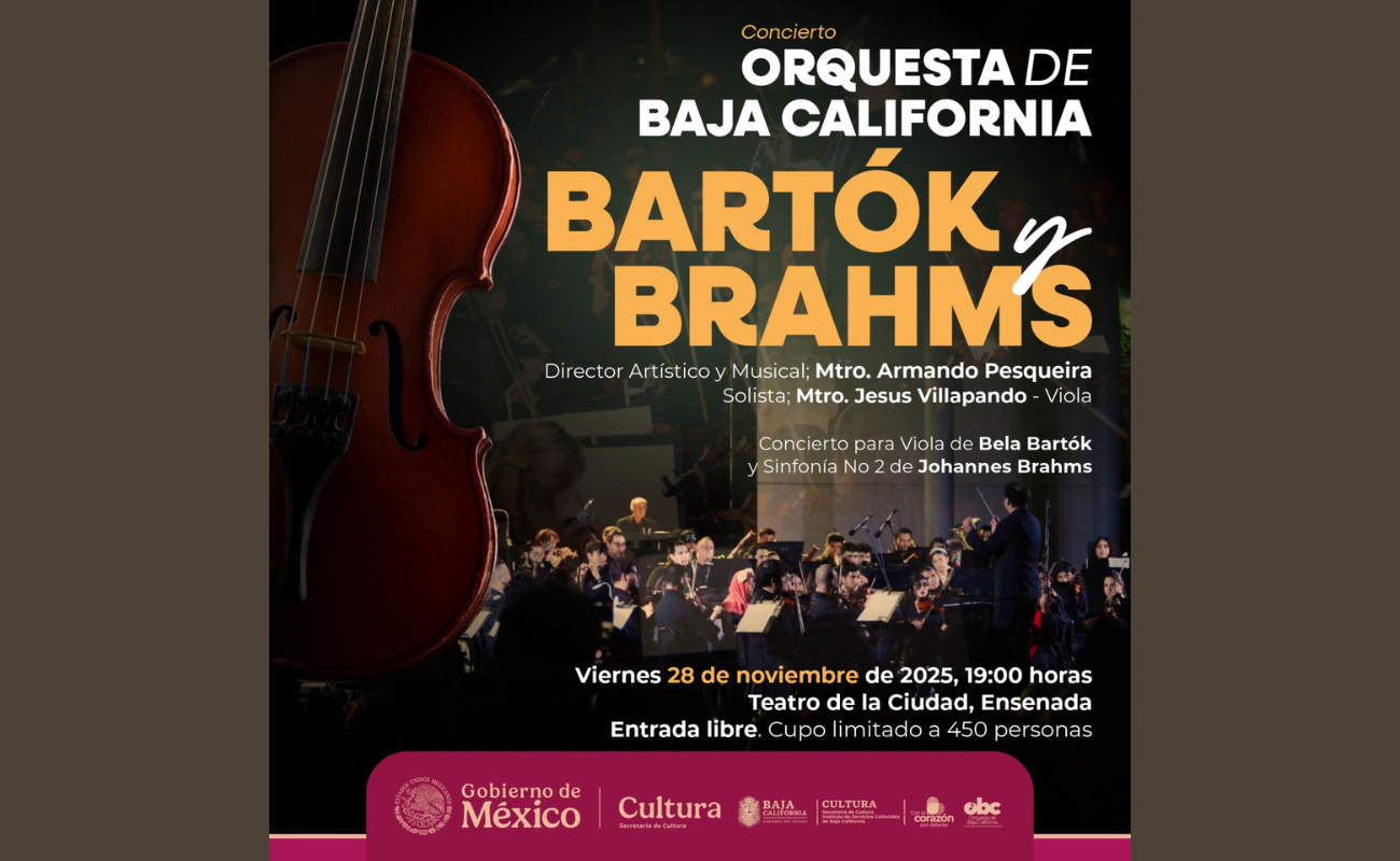 El programa incluye obras de Sibelius, Bartók y Brahms, con el violista Jesús Eduardo Villalpando como solista.
