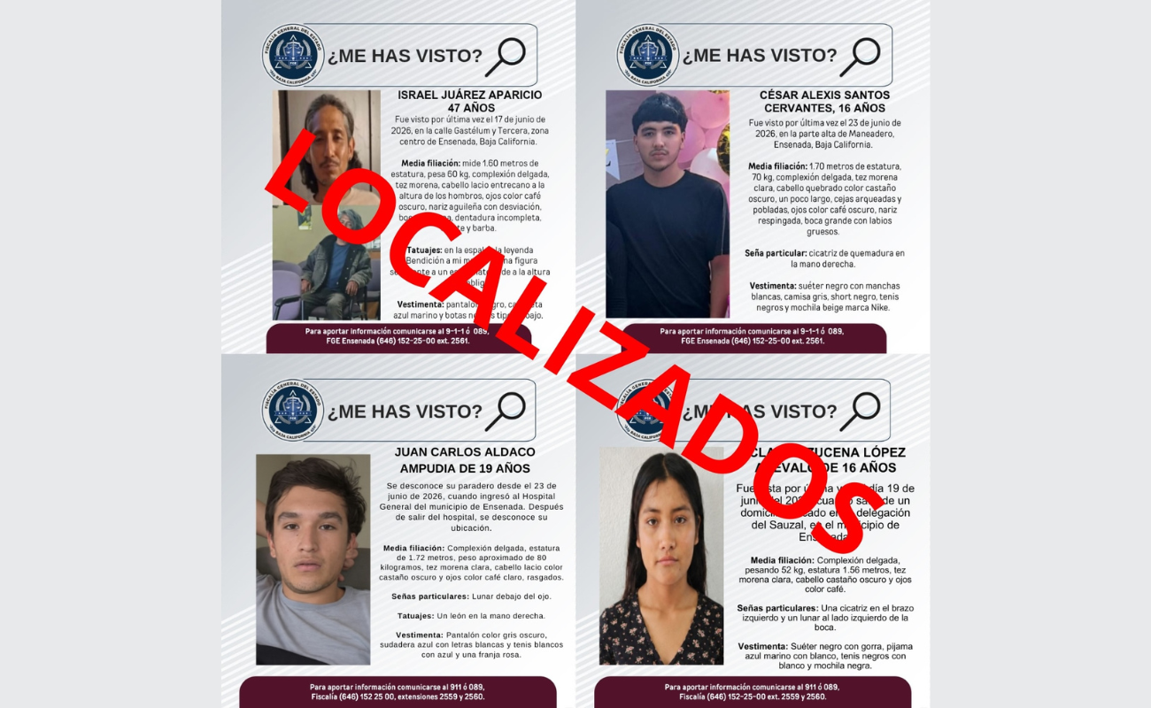 Fiscalía localiza a cuatro personas reportadas como desaparecidas en Ensenada