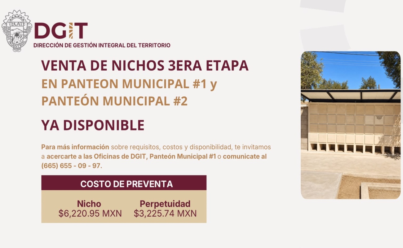 Gobierno de Tecate ofrece nichos municipales a bajo costo para las familias