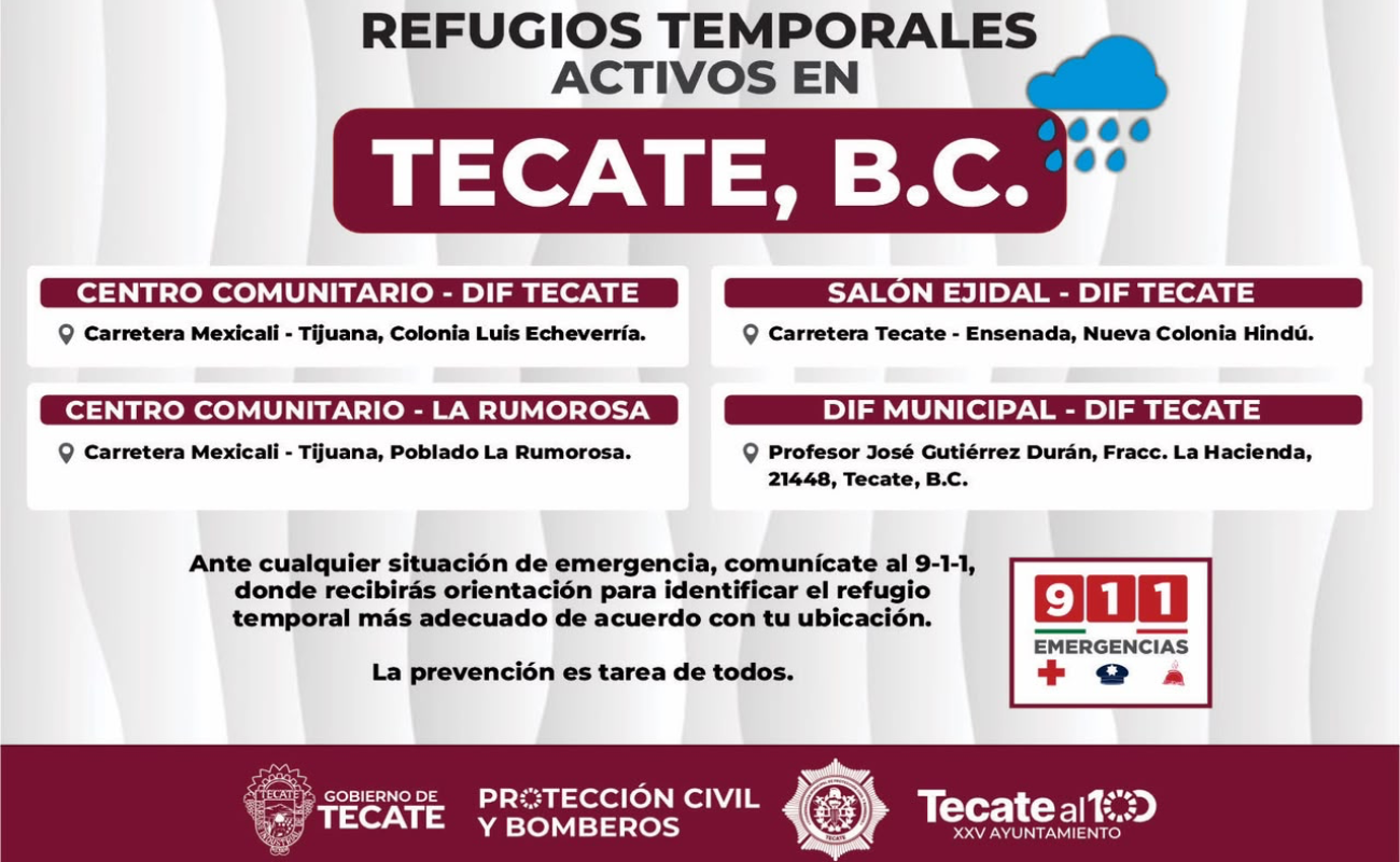 Activados refugios temporales en zonas urbana y rural en Tecate