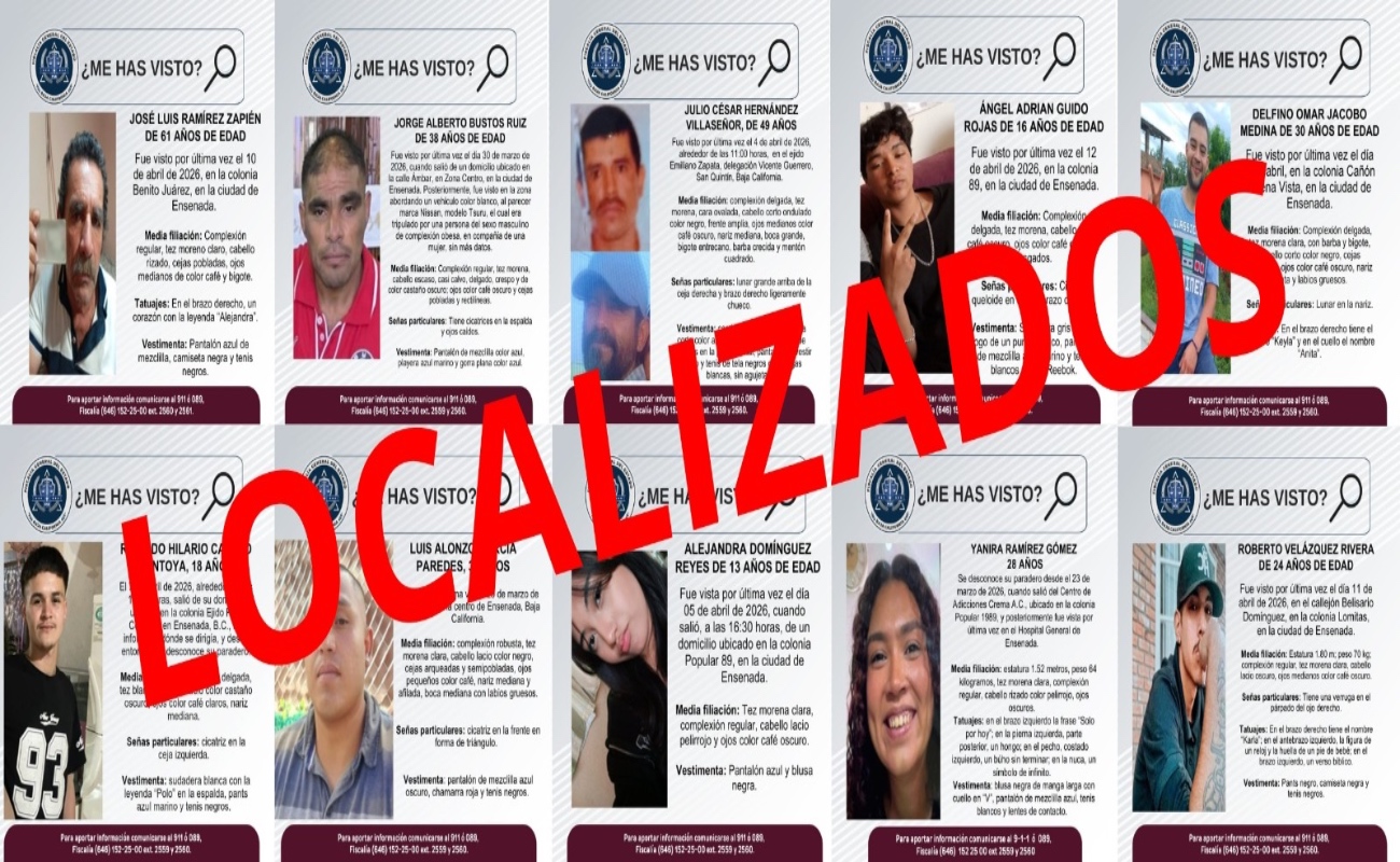 Localiza FGE a diez personas reportadas como desaparecidas en Ensenada