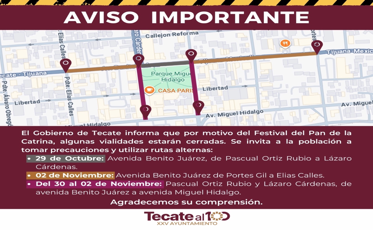 Avisa Gobierno de Tecate cierre temporal de vialidades