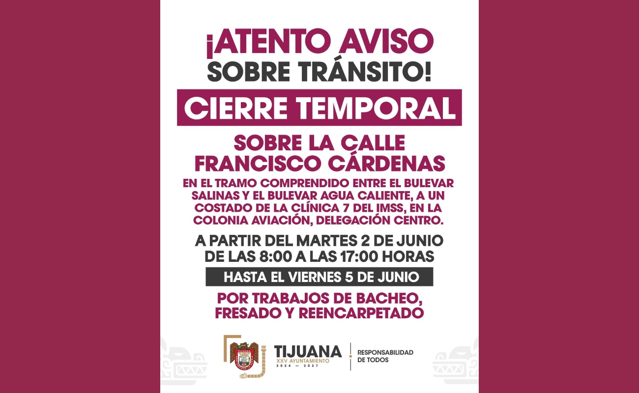 Avisan sobre cierres parciales a la circulación vehicular por trabajos de bacheo en la colonia Aviación