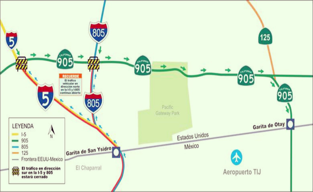 El tráfico vehicular se desviado hacia el sur de la autopista Ruta Estatal de California (SR) 905, por un periodo de 57 horas, a partir del sábado 23 de septiembre de 2017 a las 3 AM y hasta el lunes 25 de septiembre de 2017 a las 12 PM.
