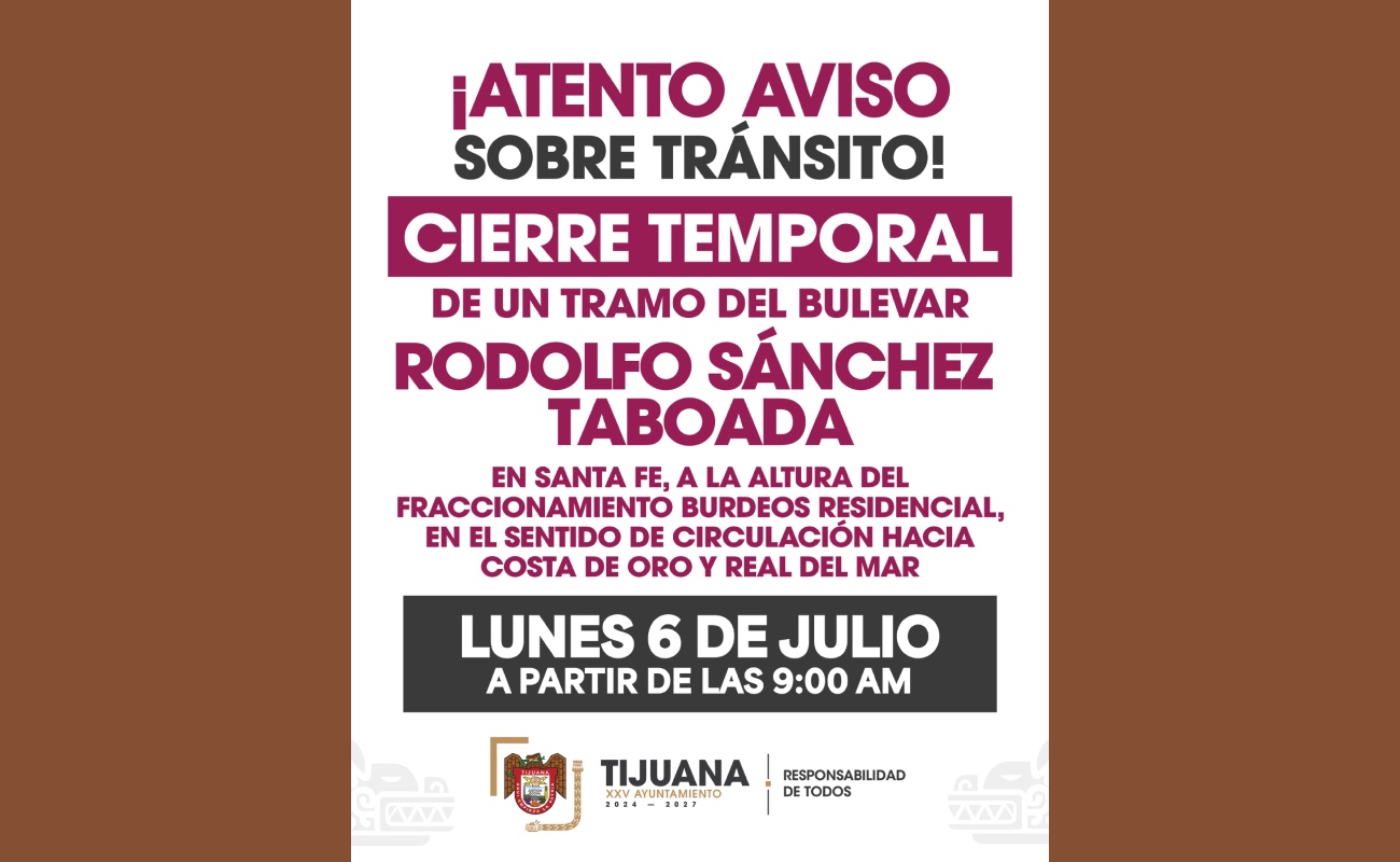 Anuncian cierre temporal de un tramo del bulevar Sánchez Taboada en Santa Fe