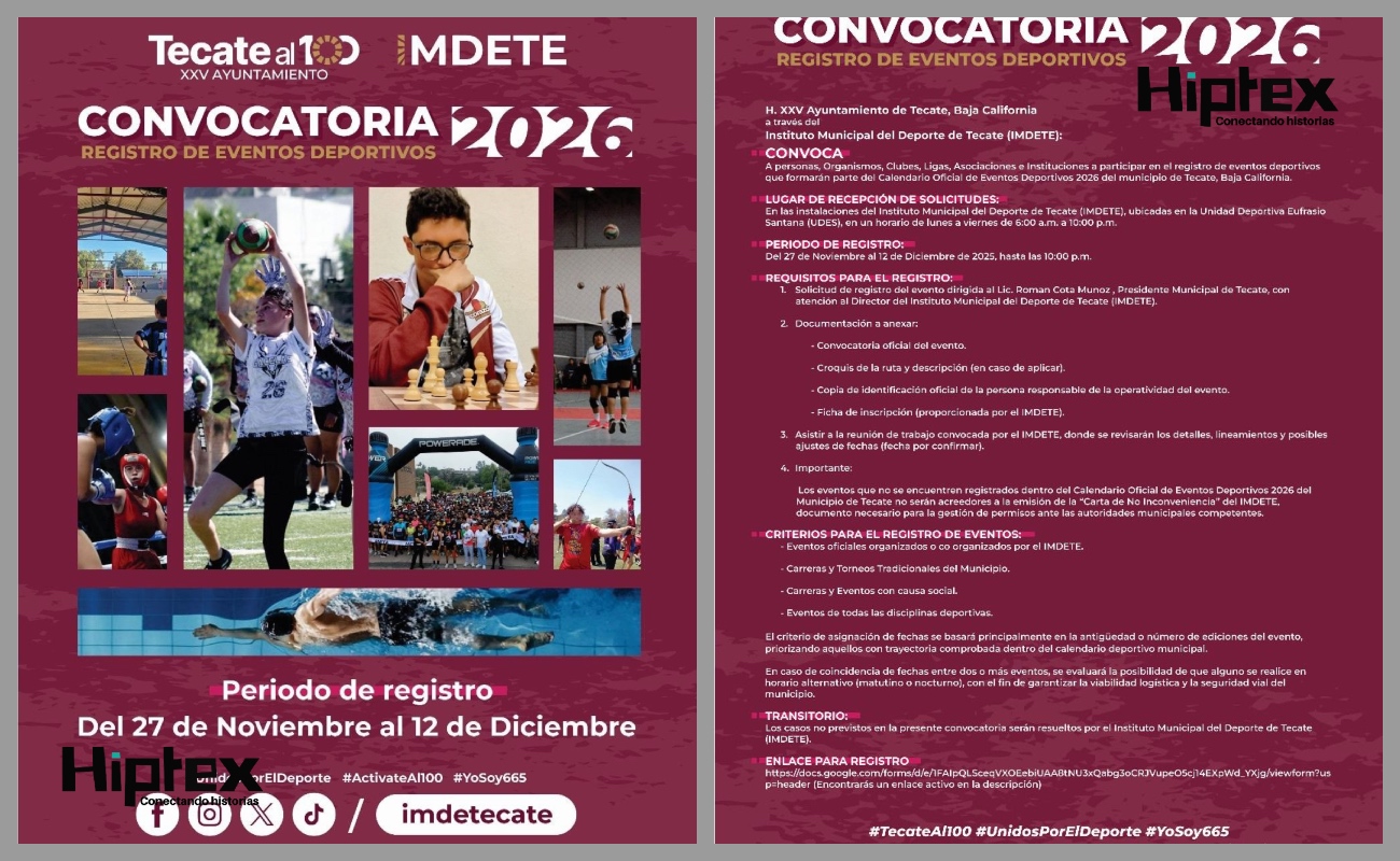 Invita IMDETE al registro de eventos deportivos para el Calendario Oficial 2026