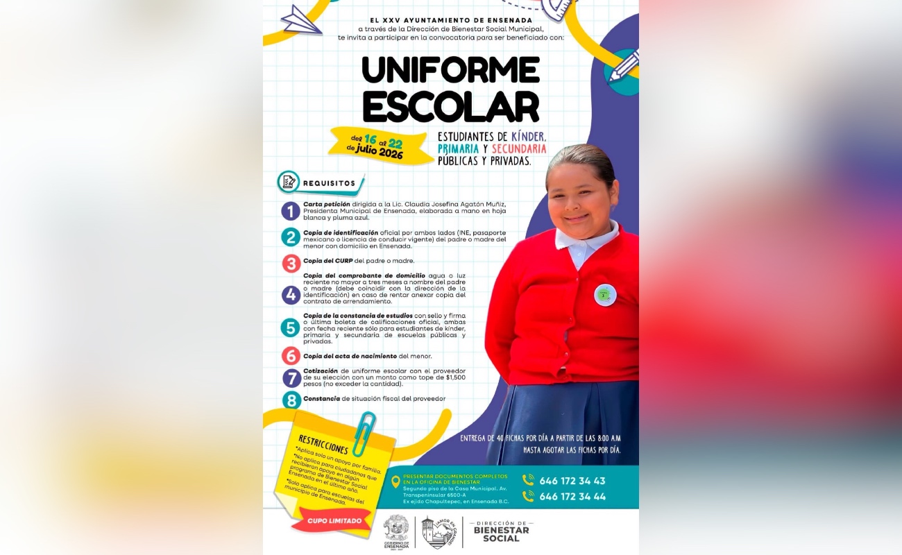 Gobierno de Ensenada emite convocatoria para apoyar a familias con uniformes escolares