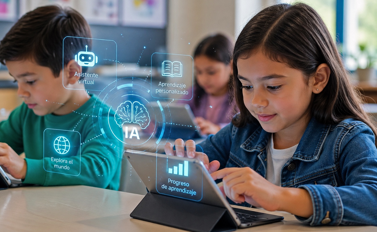 Niños interactúan con dispositivos digitales impulsados por inteligencia artificial, una tecnología que redefine su aprendizaje y entorno social.