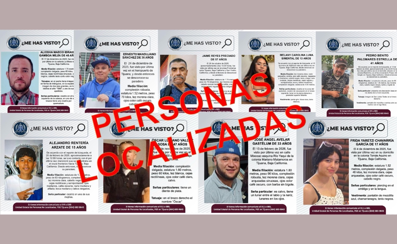 Localiza Fiscalía BC a nueve personas reportadas como desaparecidas