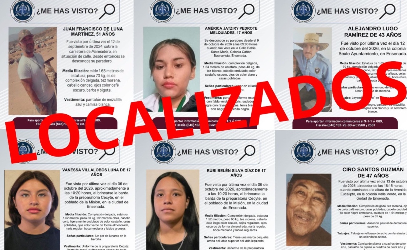 La Fiscalía localizó con bien a seis personas desaparecidas en Ensenada, incluidos tres menores.