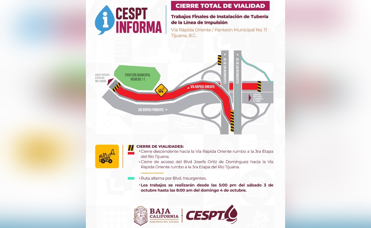 El cierre se realizará desde las 5:00 p. m. de hoy sábado 3 de octubre hasta las 8:00 a. m. de mañana domingo 4 de octubre.