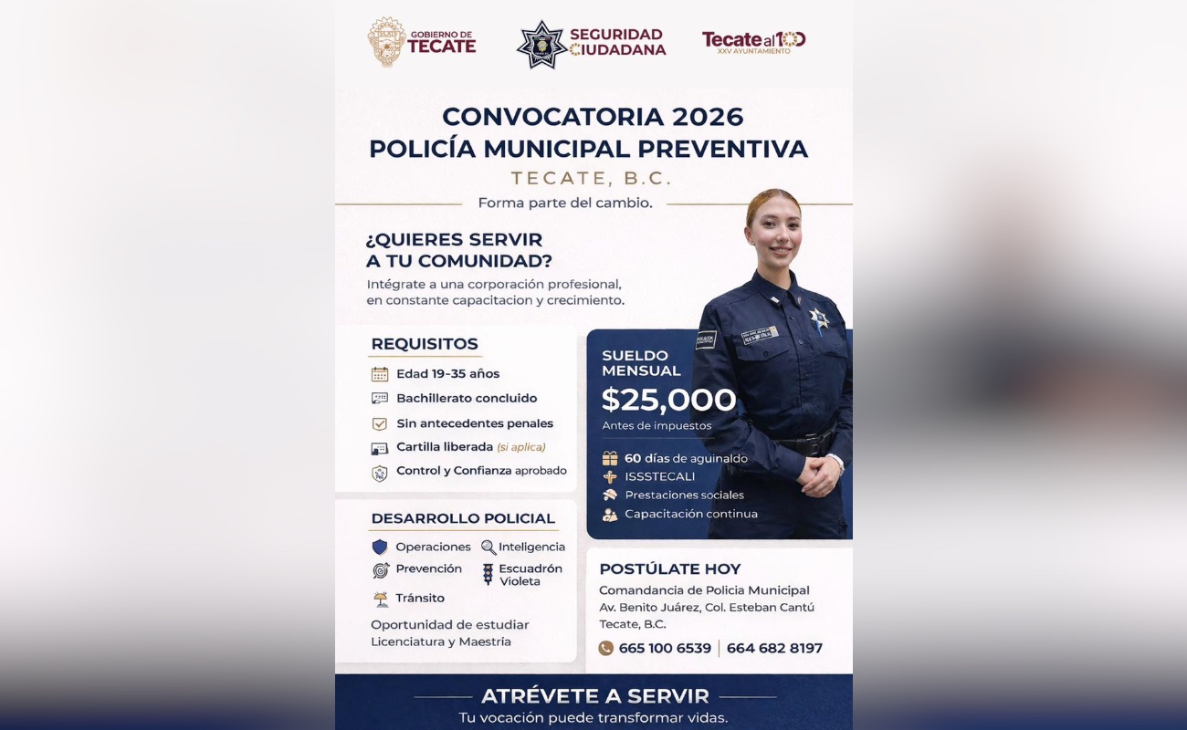 La Dirección de Seguridad Ciudadana y Tránsito Municipal invita a personas con vocación de servicio a integrarse a la nueva generación de la Policía Municipal Preventiva.