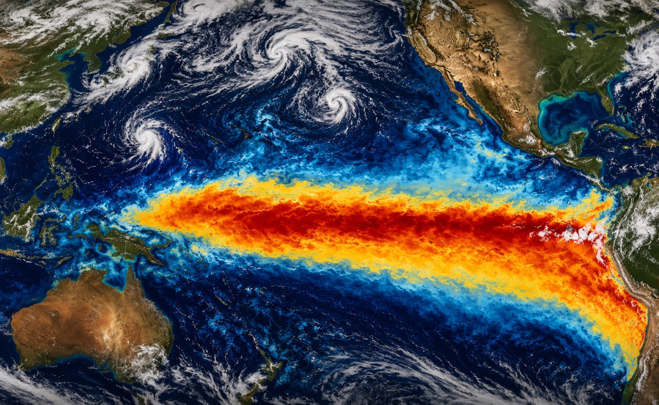 Imagen satelital del océano Pacífico utilizada por científicos para monitorear el aumento anormal de temperatura asociado al posible desarrollo del fenómeno climático “El Niño Godzilla” durante 2026.