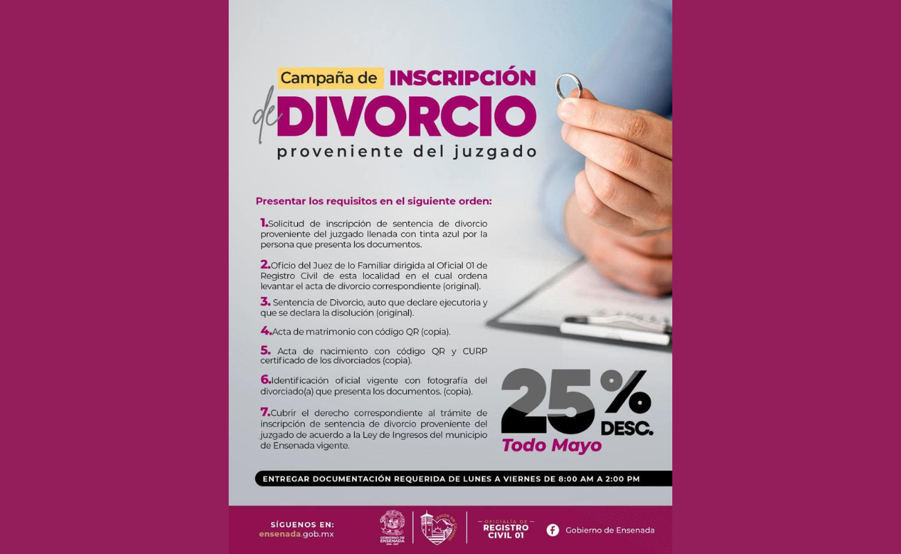 Otorga gobierno de Claudia Agatón 25% de descuento en el registro de sentencia de divorcio