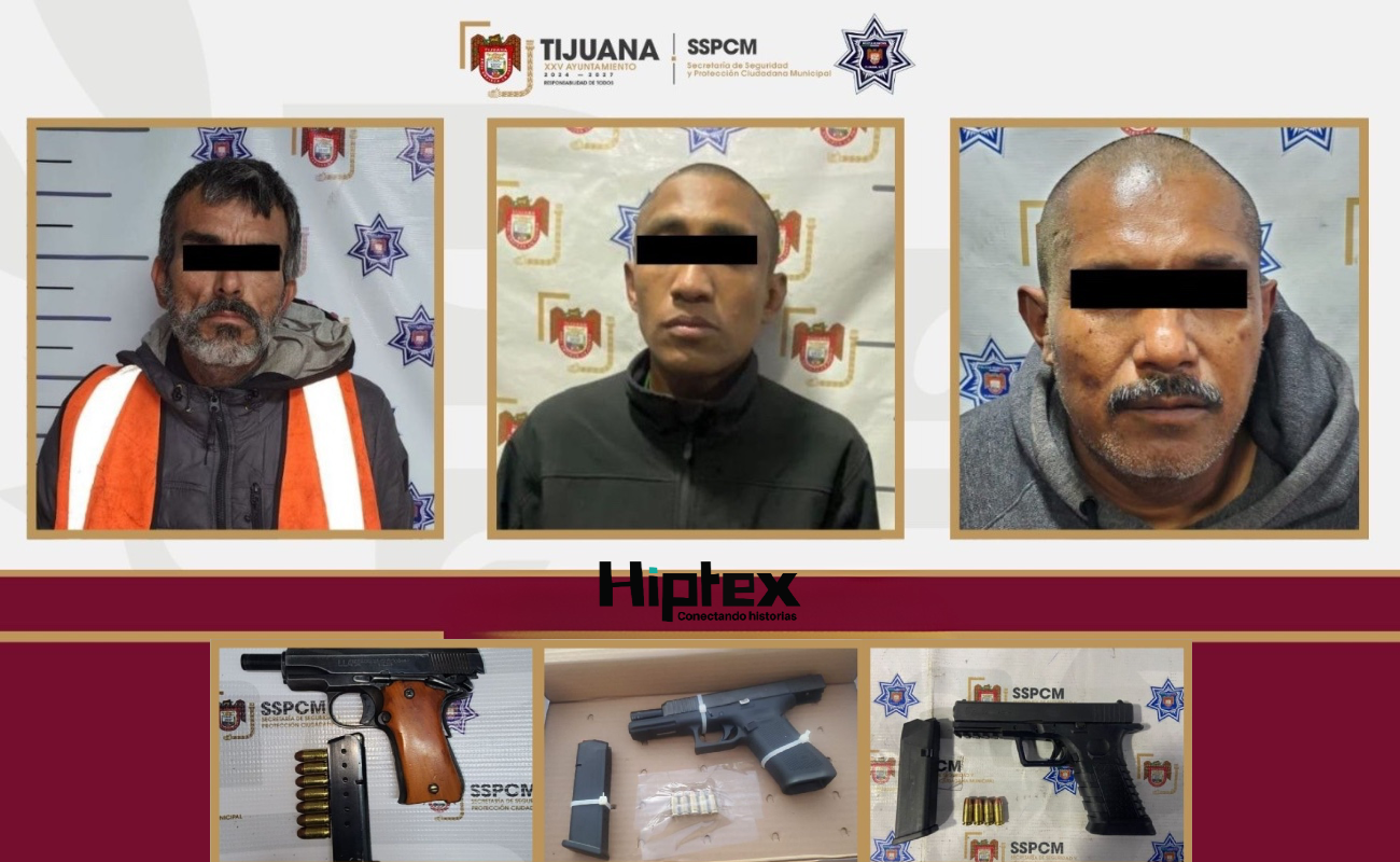 SSPCM Tijuana aseguró a tres personas en distintos hechos por presunta portación de arma de fuego.