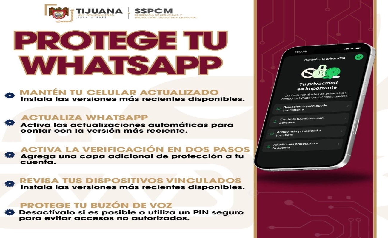 Alerta SSPCM Tijuana, sobre robo de cuentas de WhatsApp en dispositivos iOS