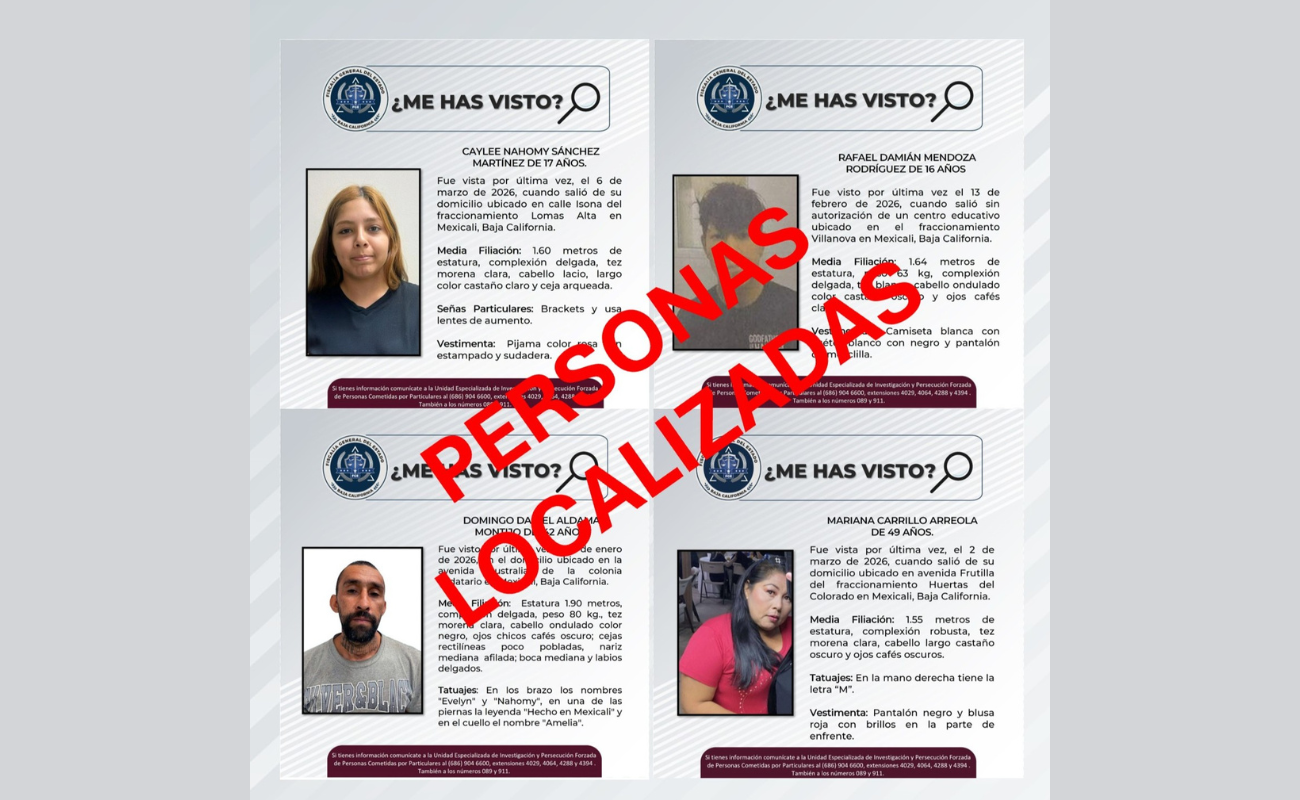 La Fiscalía General del Estado localizó a cuatro personas desaparecidas en Mexicali, incluyendo dos menores, quienes ya están con sus familias.
