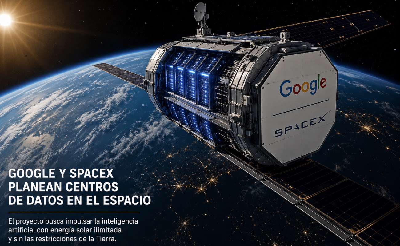 Concepto artístico de un centro de datos orbital impulsado por energía solar, desarrollado bajo una posible colaboración entre Google y SpaceX.