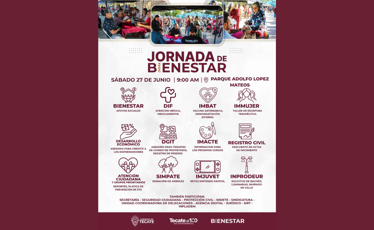 Invita Gobierno de Tecate a la jornada de bienestar en el parque Adolfo López Mateos