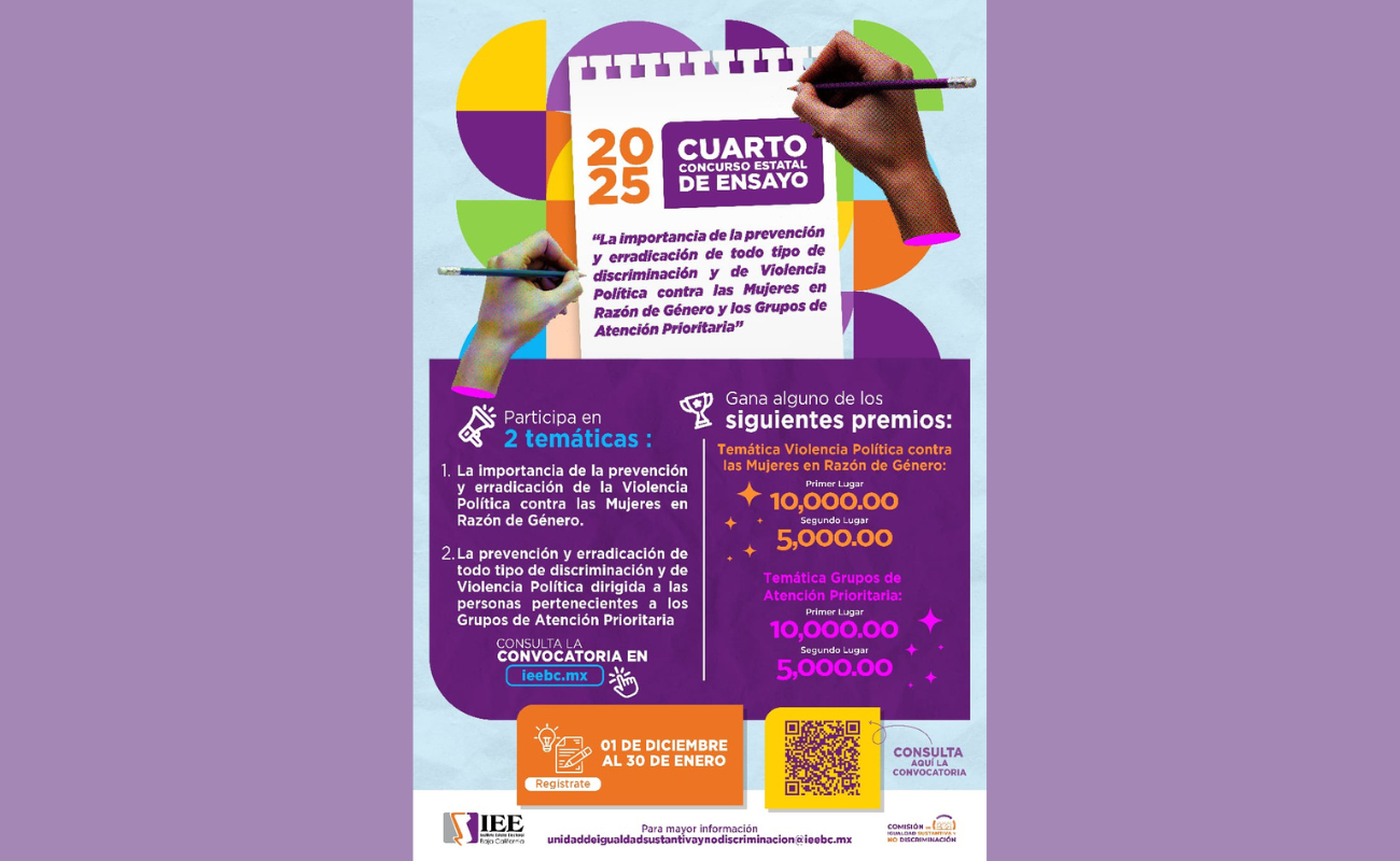 Reitera IEEBC invitación a participar en el cuarto concurso estatal de ensayo 2025 sobre prevención de la discriminación y la violencia política