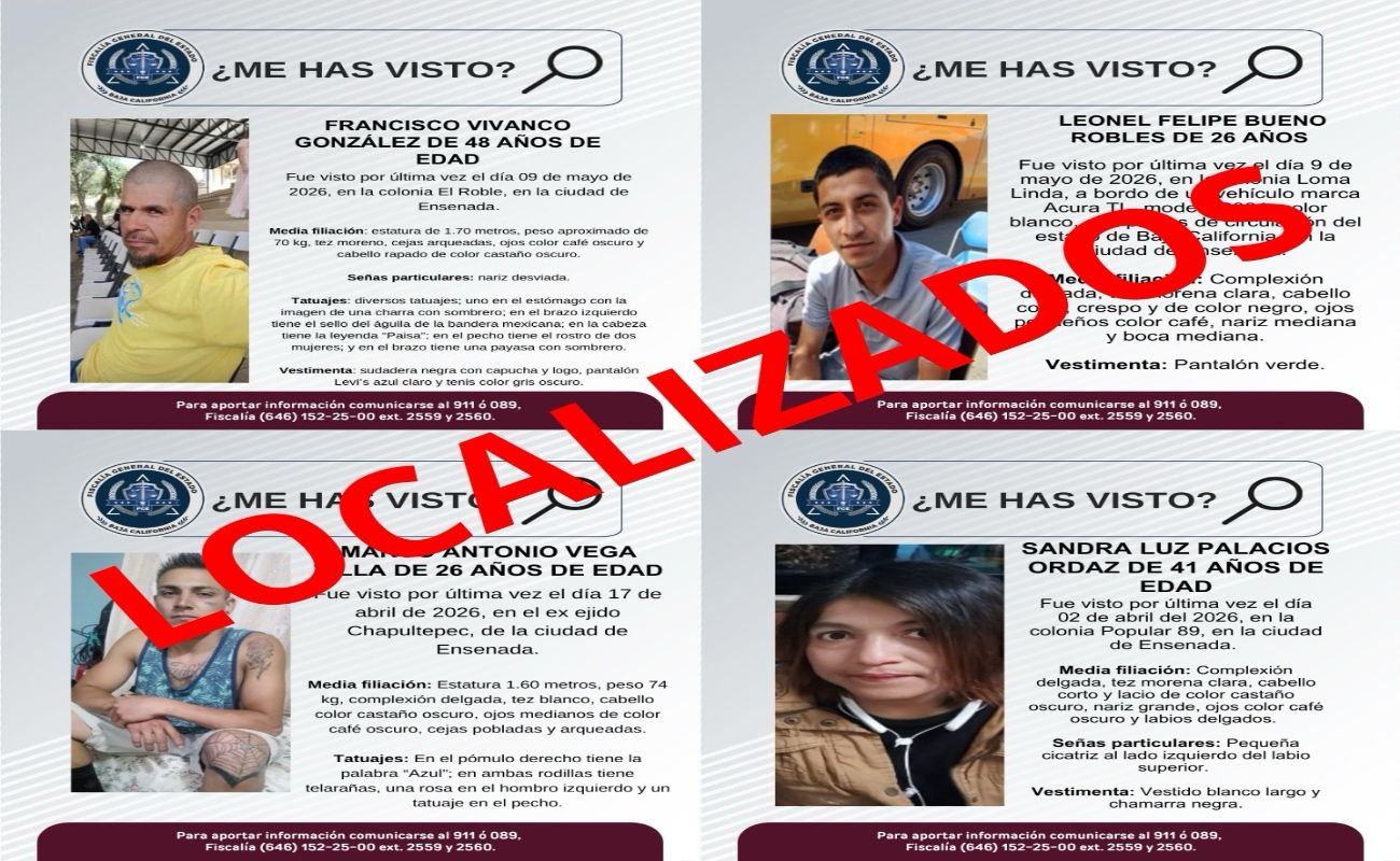 Localiza FGE a cuatro personas con reporte de desaparición en Ensenada