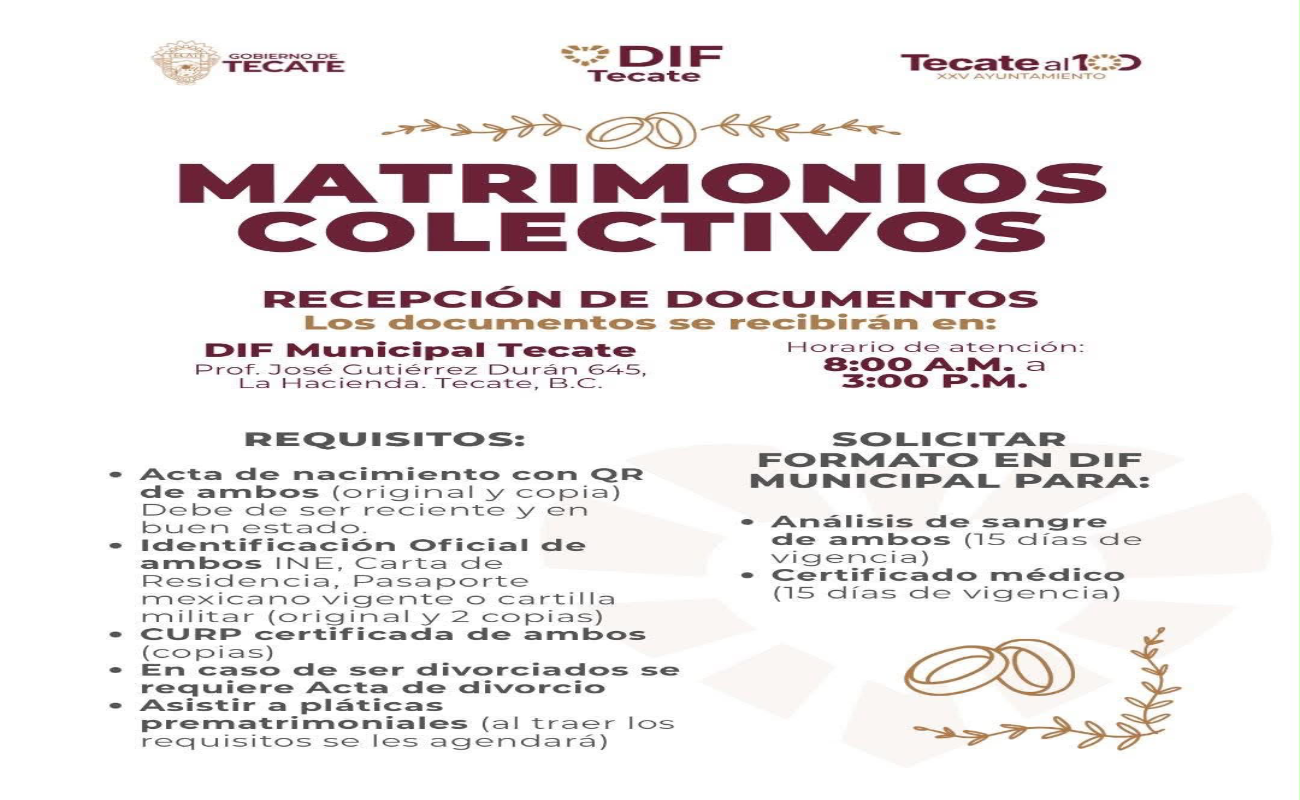 DIF Tecate invita a parejas a registrarse para ser parte de los Matrimonios Colectivos 2026