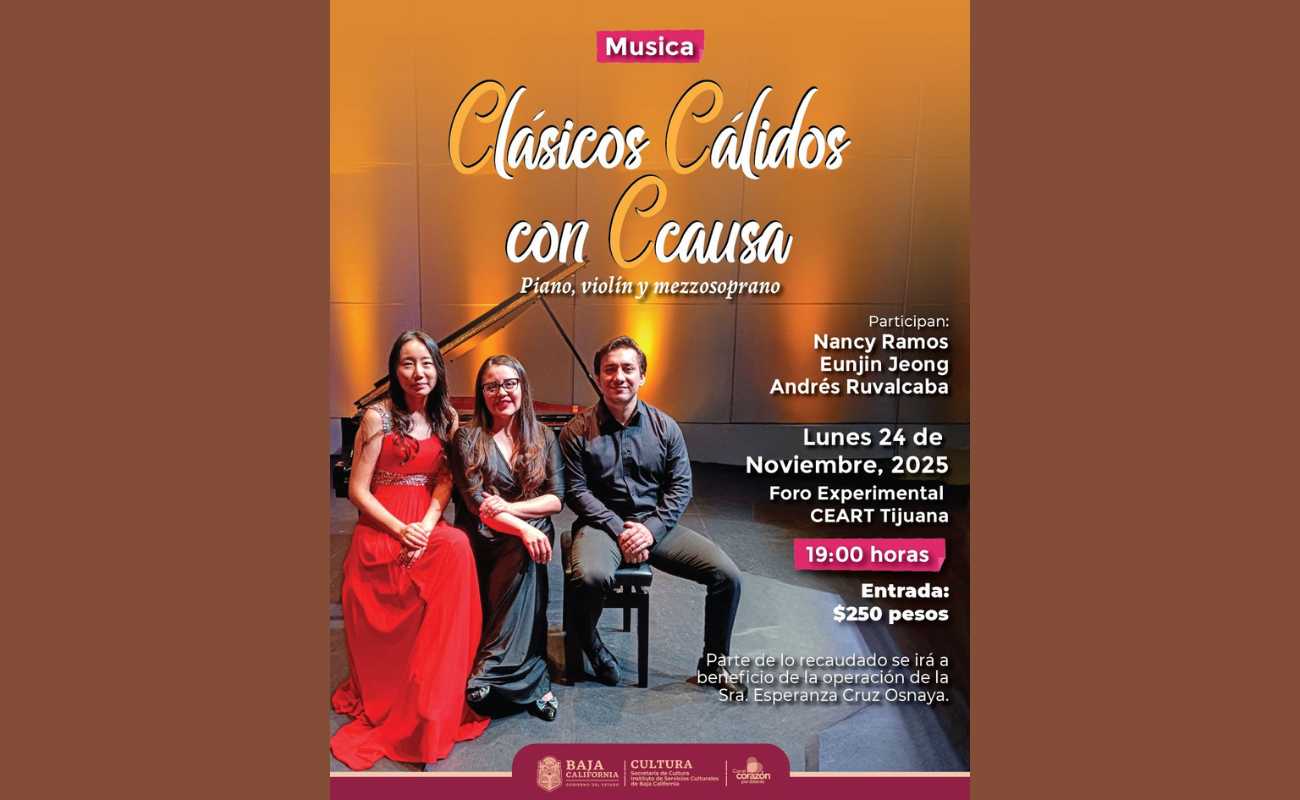 Tres pianistas, Nancy Ramos, Eunjin Jeong y Andrés Lucero Ruvalcaba, ofrecerán un concierto benéfico en el CEART Tijuana el 24 de octubre.
