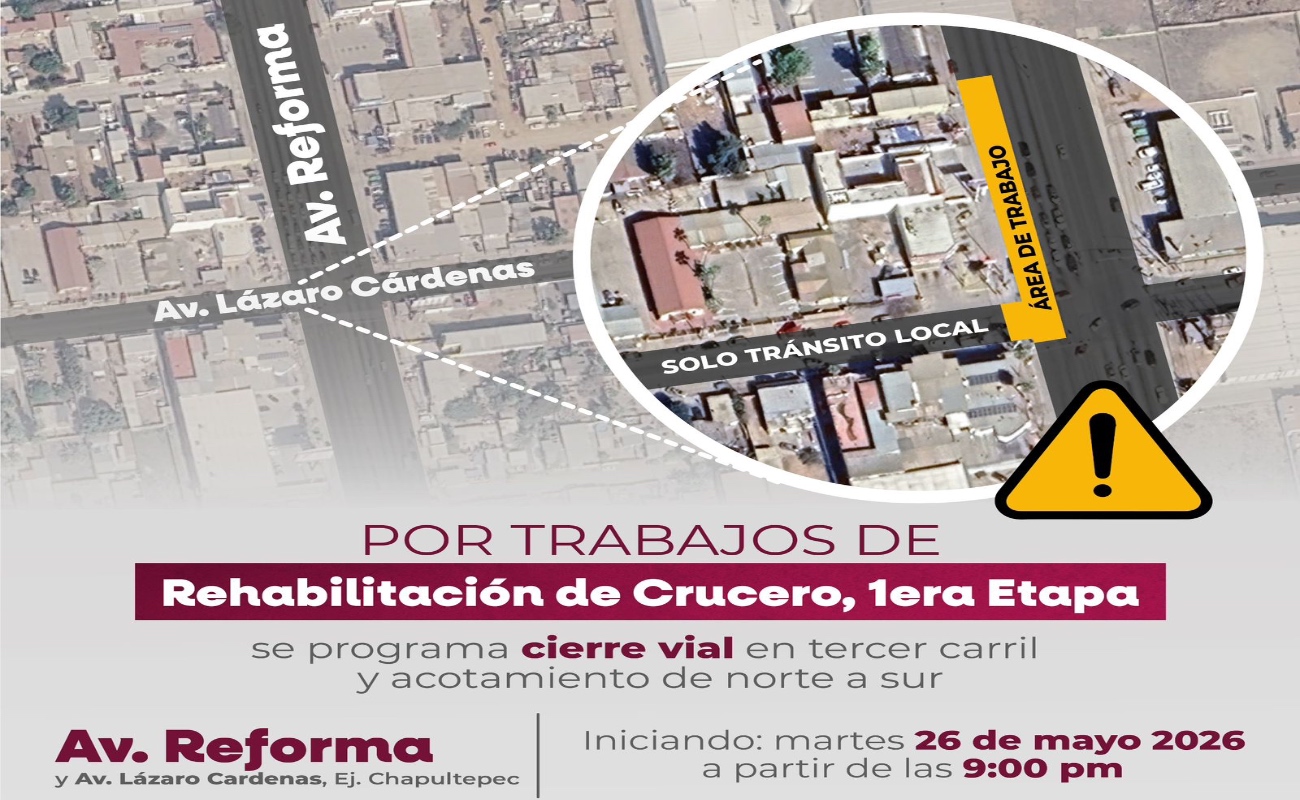 Las obras iniciarán el martes 26 de mayo a las 9:00 de la noche.