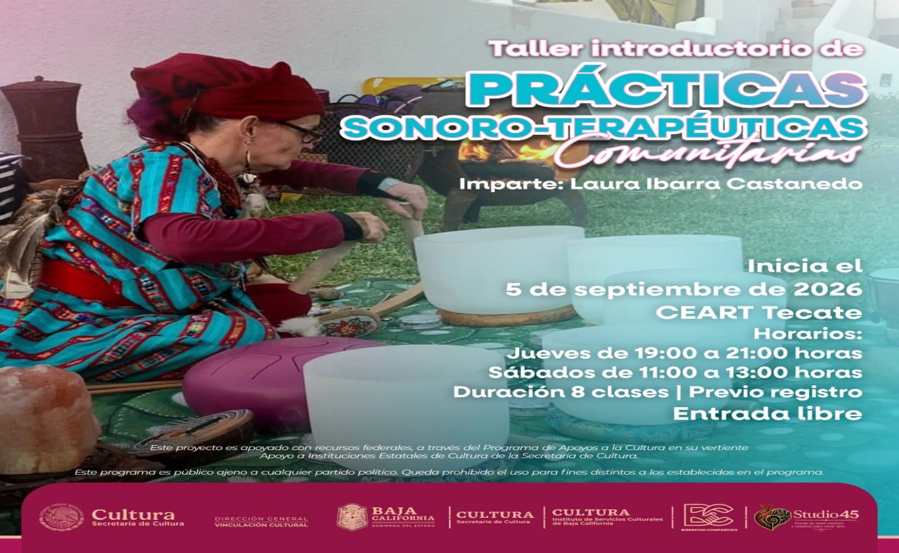 El taller se llevará a cabo del 5 de septiembre al 24 de octubre, en la Sala de Juntas del CEART Tecate.