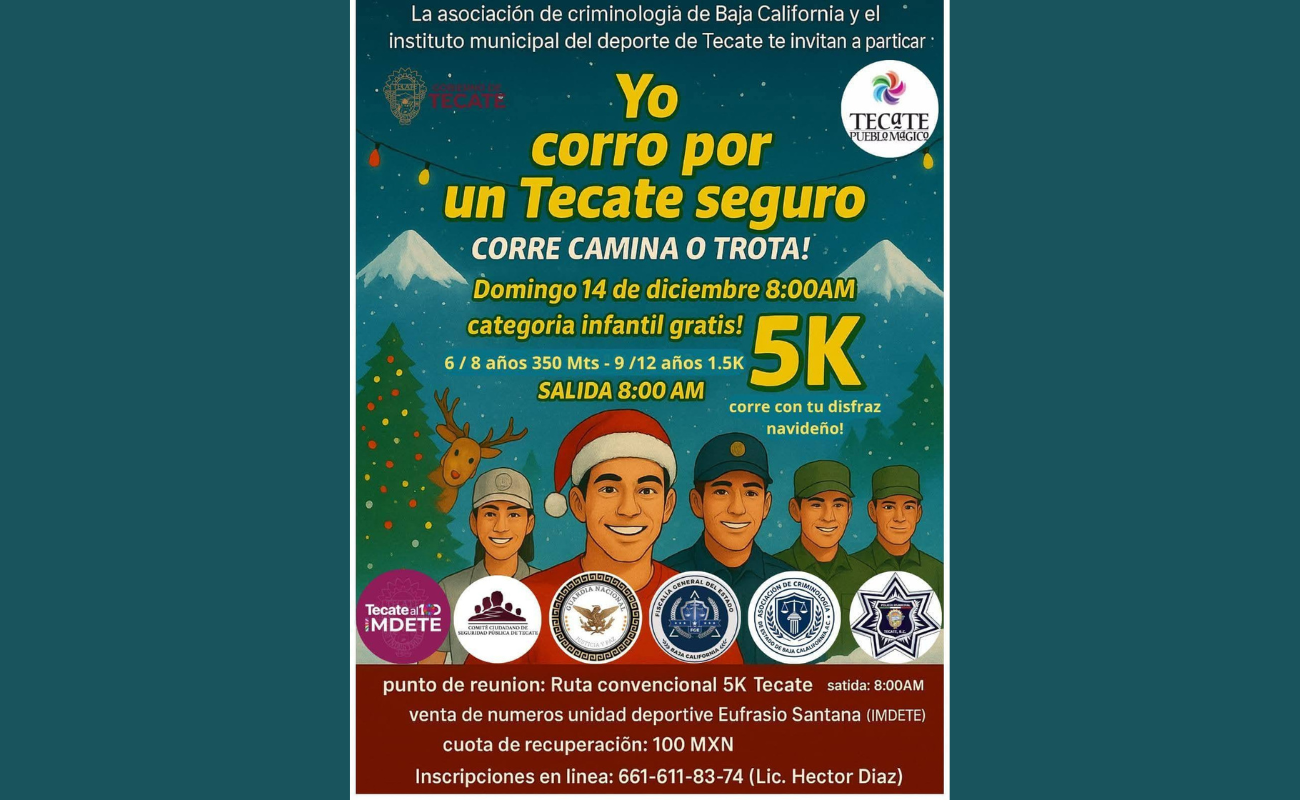 IMDETE invita a la carrera “Corriendo por un Tecate Seguro” este domingo 14 de diciembre a las 8:00 am.