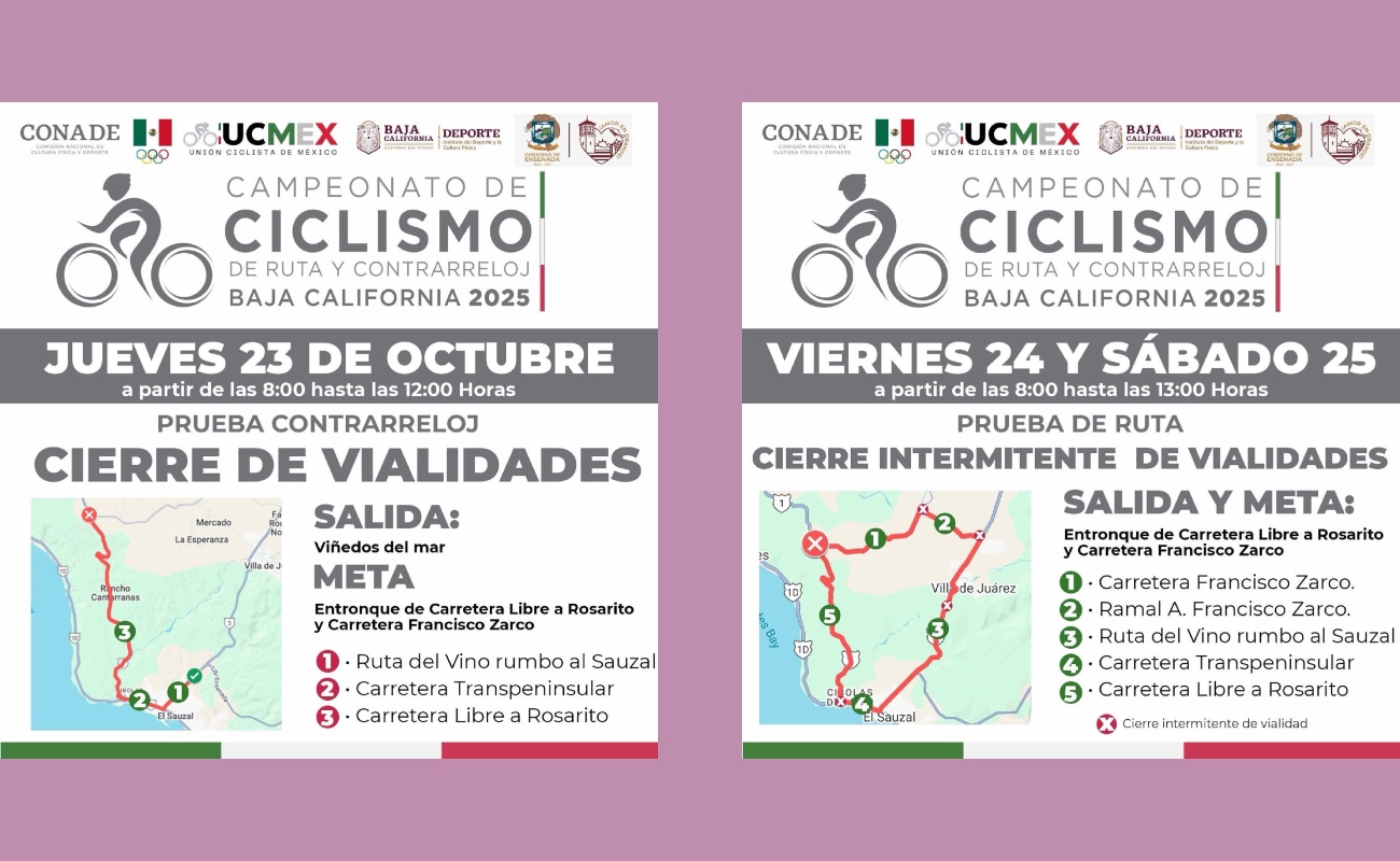 Cerrarán tramos de la libre a Rosarito, El Sauzal y Ruta del Vino por nacional de ciclismo