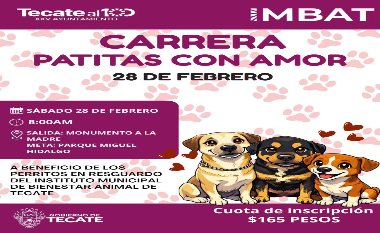 La segunda edición de la carrera con causa “Patitas con Amor”, que se llevará a cabo el próximo sábado 28 de febrero.