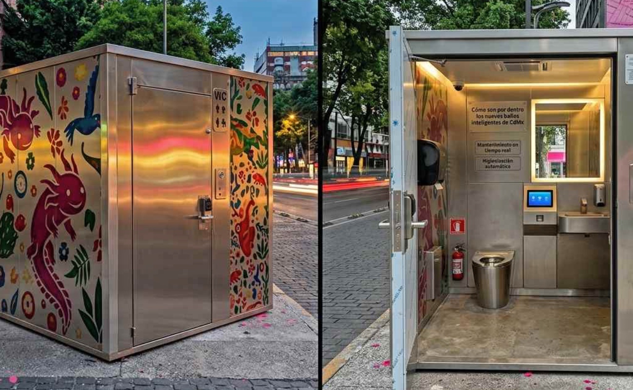 Uno de los nuevos baños públicos inteligentes instalados en la Ciudad de México, equipados con sensores, sistemas automatizados de limpieza y monitoreo remoto como parte de la estrategia de innovación urbana rumbo al Mundial 2026.