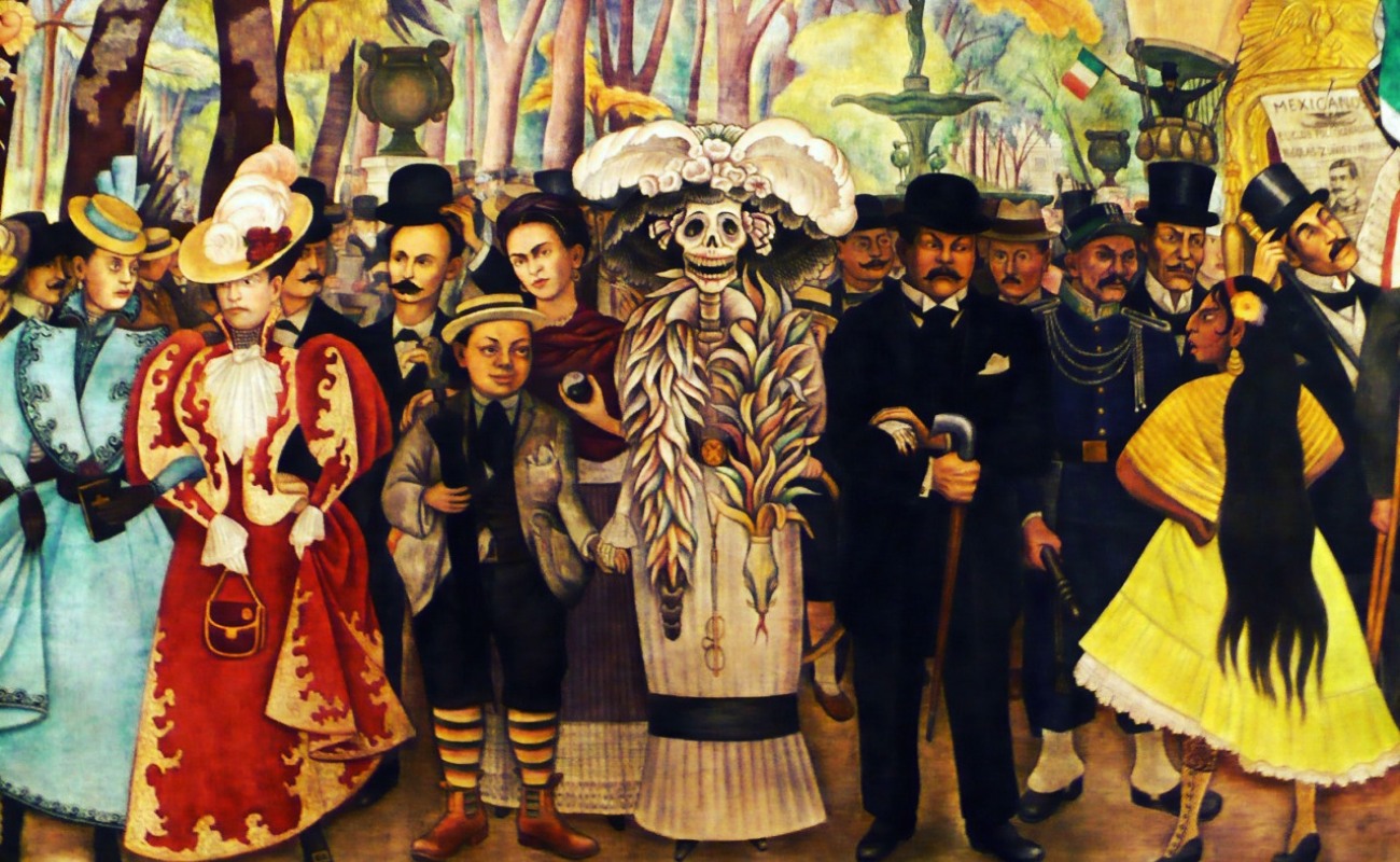 Al centro está la icónica Catrina, pero junto a ella múltiples personajes de la historia mexicana, quienes coinciden en un mismo contexto: la Alameda Central.