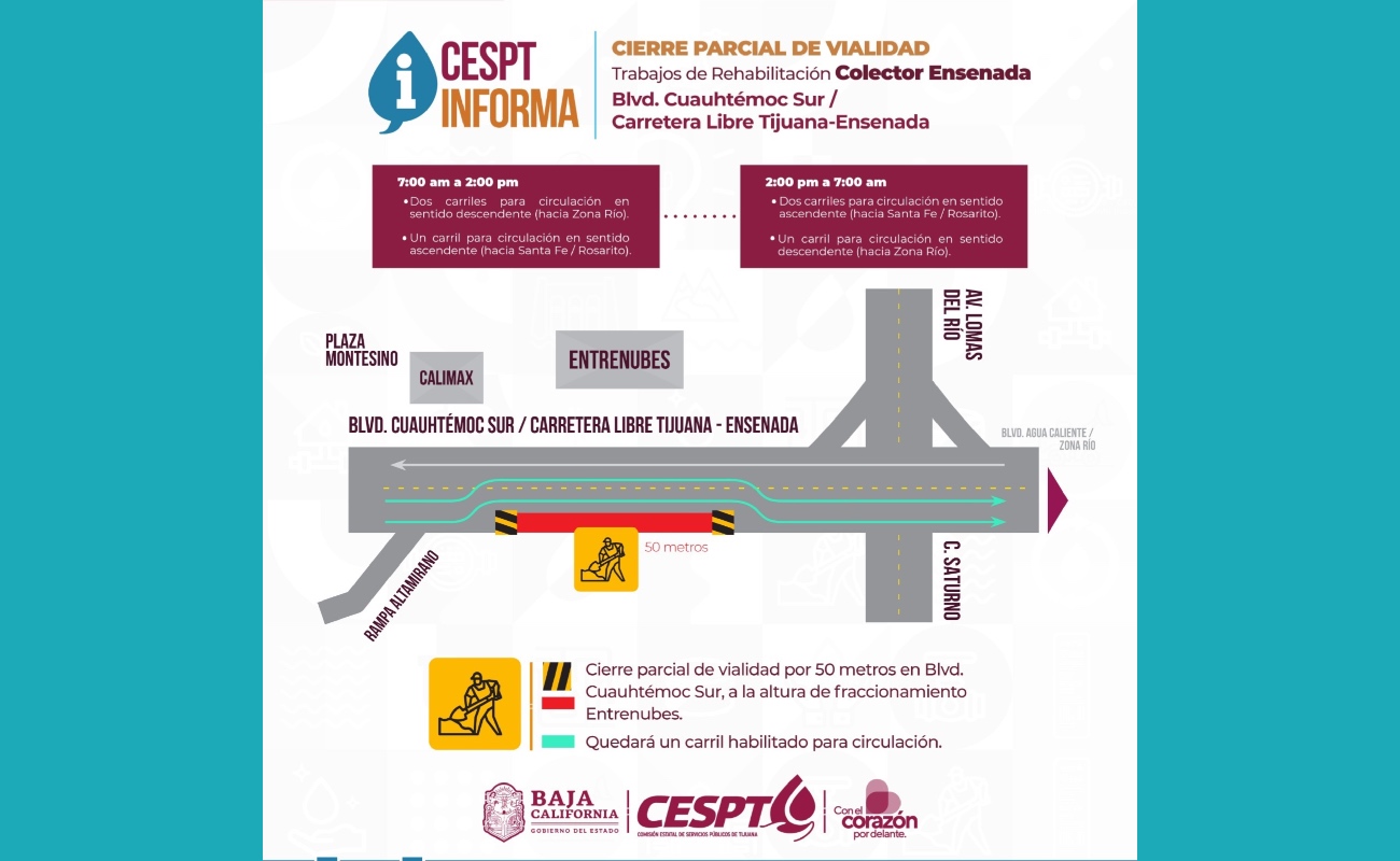 Avisa CESPT sobre cierre parcial del Bulevar Cuauhtemoc Sur