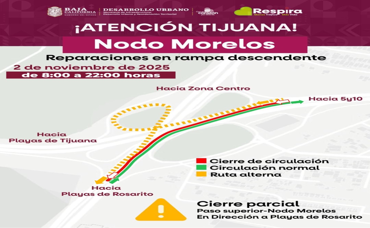 Anuncia SIDURT cierre parcial del Nodo Morelos en dirección a Rosarito