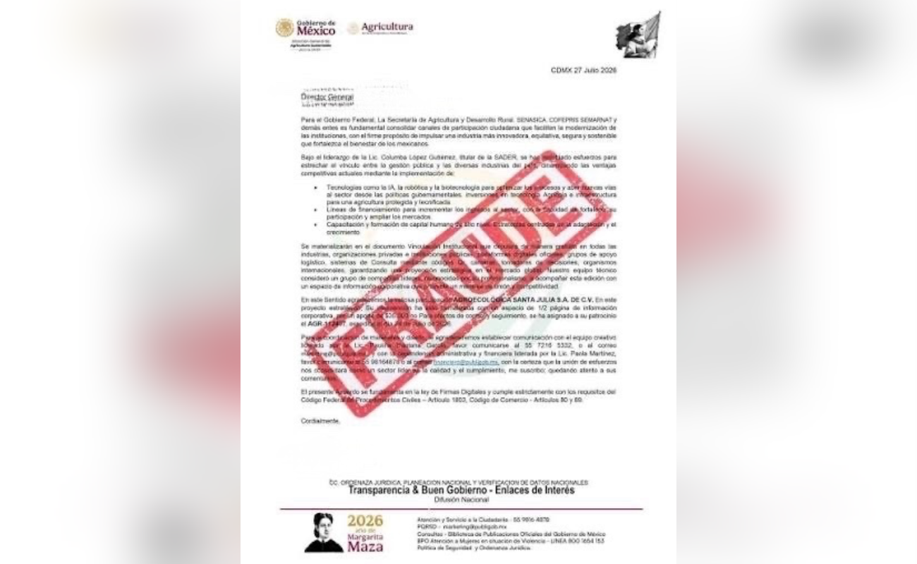 AGRICULTURA alerta por fraude mediante falsos oficios de patrocinio
