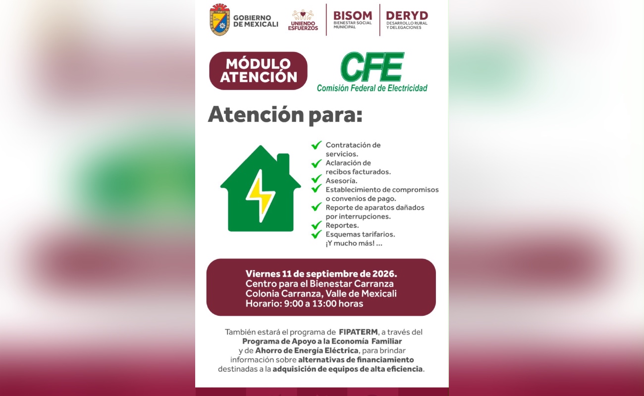 Instalará CFE módulos temporales en Centros de Bienestar del Valle de Mexicali