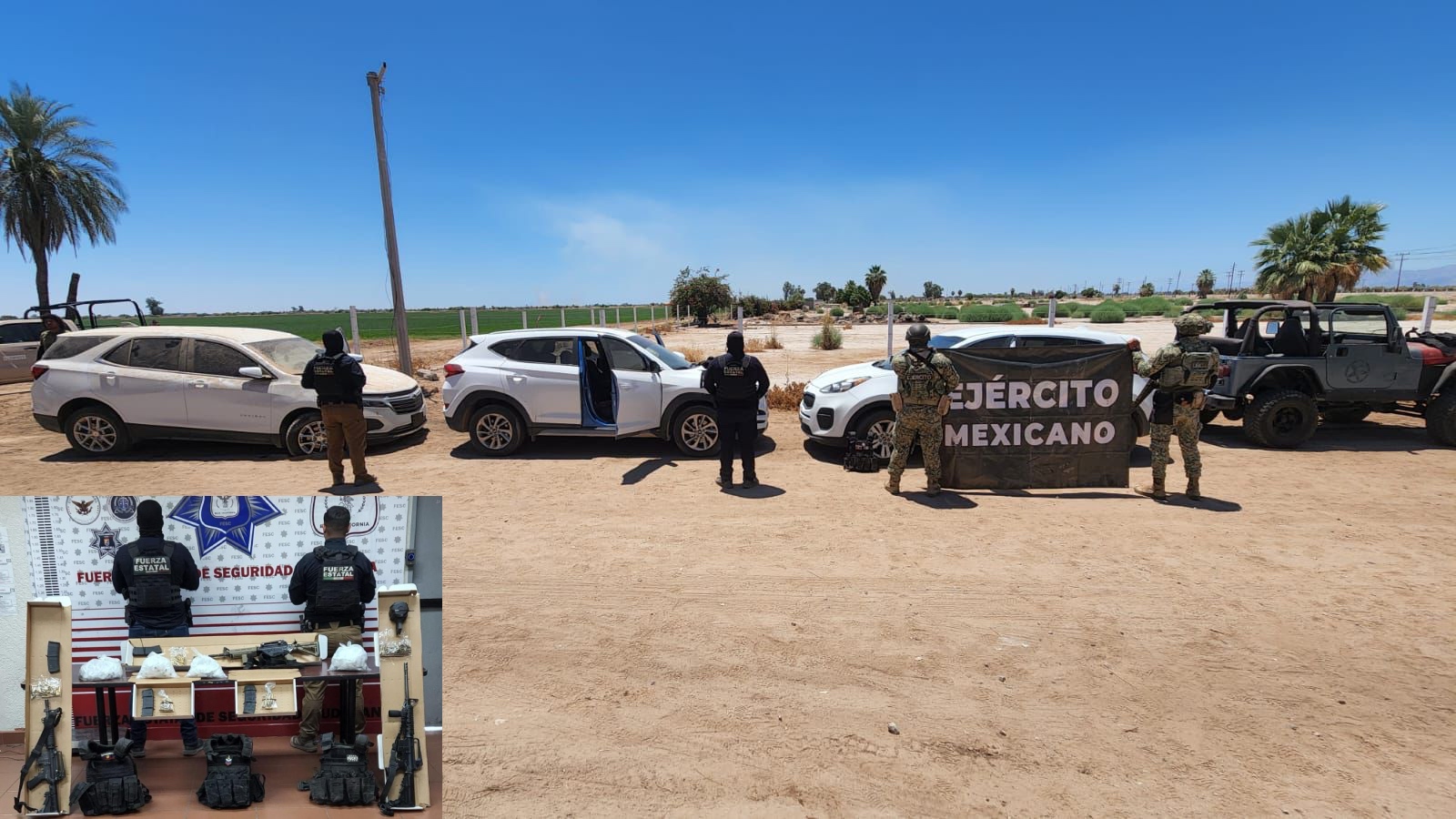 Decomisan FESC y SEDENA cinco vehículos robados, granadas y armas de fuego