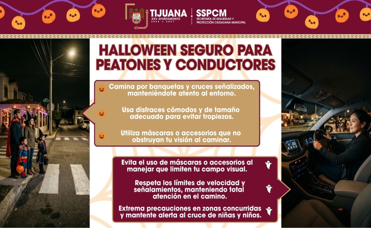 Recomienda evitar máscaras que obstruyan la visión y prendas largas que puedan provocar tropiezos.