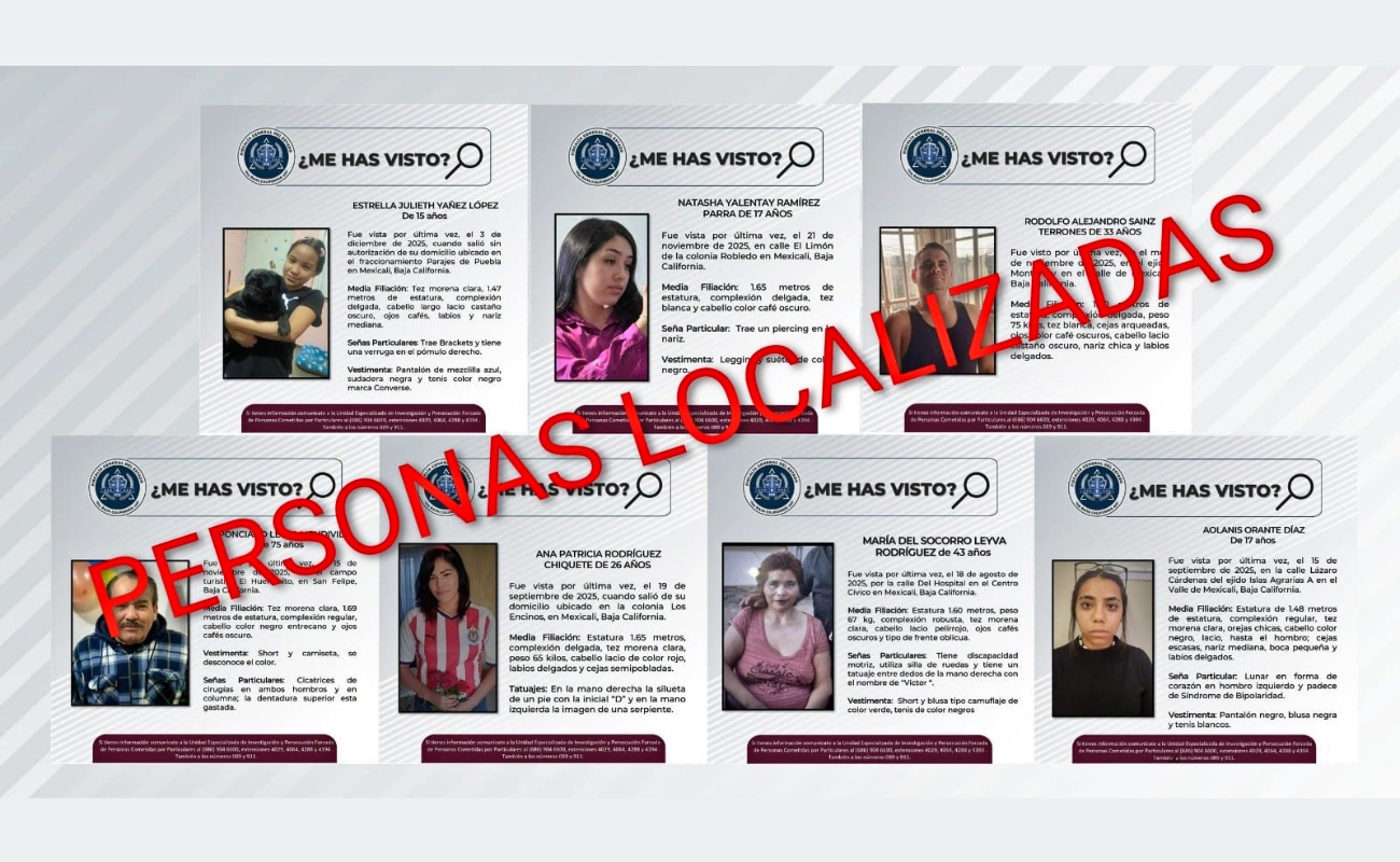 La Fiscalía General del Estado localizó a siete personas, incluyendo tres menores, con reporte de búsqueda.