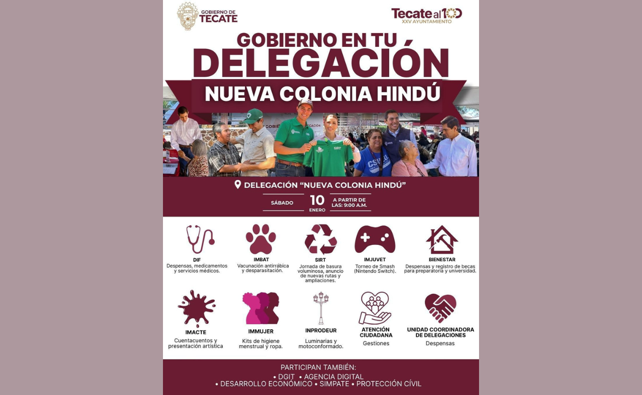 El Gobierno de Tecate llevará servicios y apoyos a la comunidad de Cerro Azul en la jornada “Gobierno en tu Delegación” el 10 de enero en Nueva Colonia Hindú.