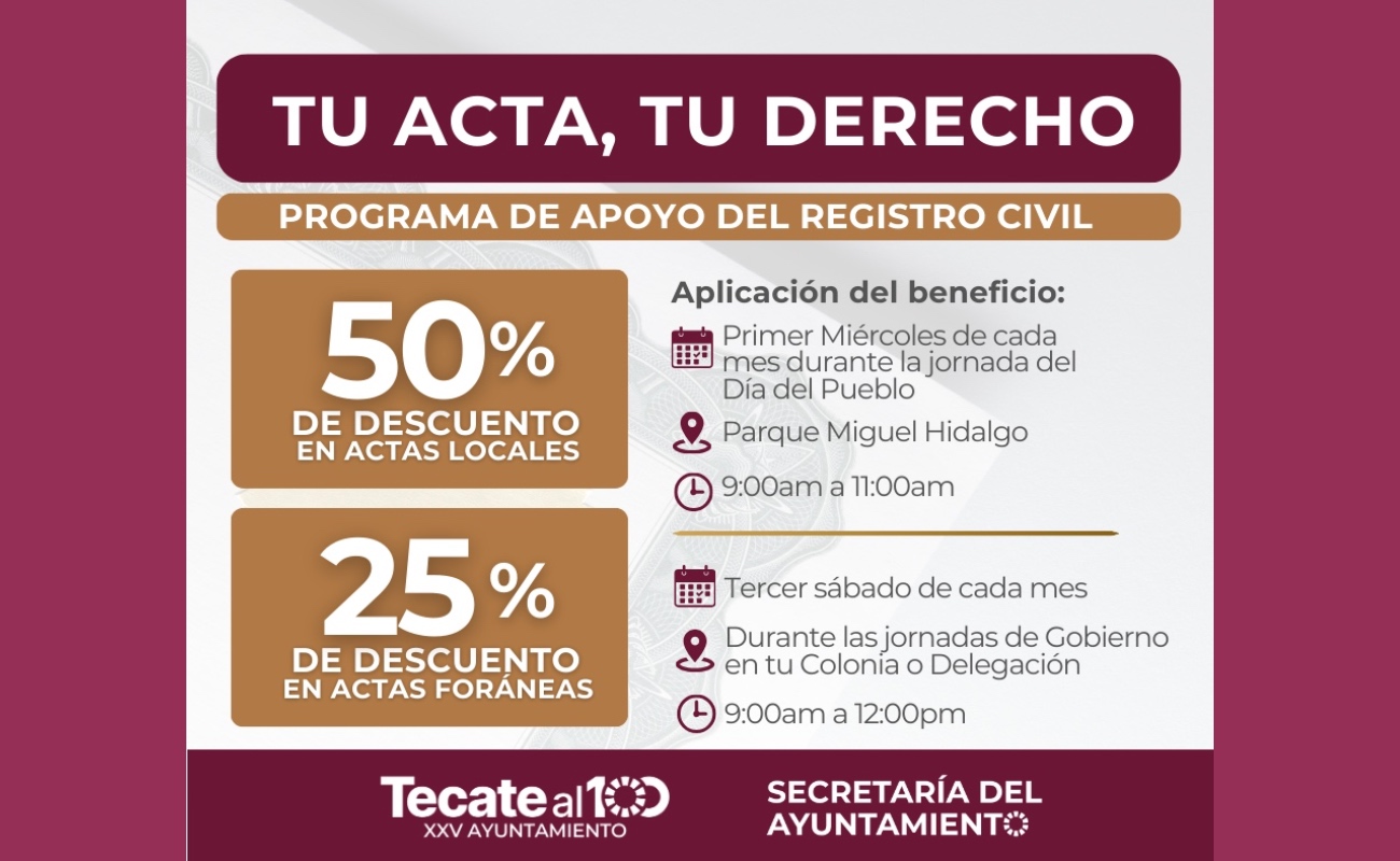Otorgan descuentos en expedición de actas de nacimiento en Tecate