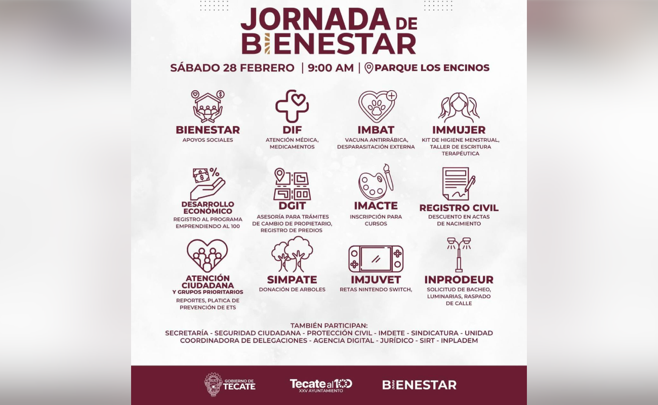 El Gobierno de Tecate realizará la “Jornada de Bienestar” el sábado 28 de febrero a partir de las 9:00 de la mañana.