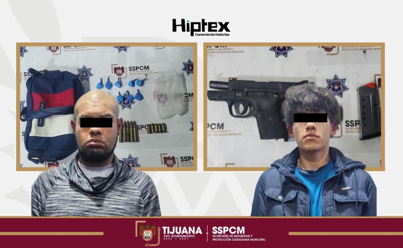 Asegura Policía Municipal de Tijuana a dos personas con arma de fuego, cartuchos y droga