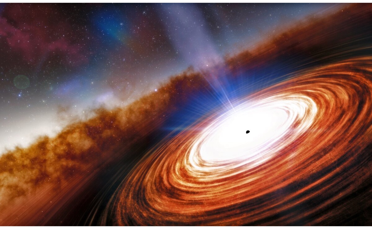 Representación artística del agujero negro supermasivo que produjo el destello más brillante jamás observado en el universo.