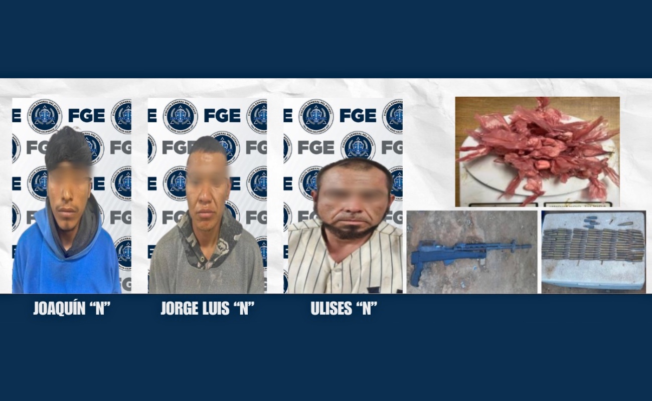 Fiscalía General del Estado asegura droga, arma y detiene a tres personas en cateo realizado en San Quintín