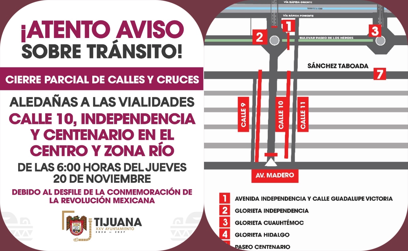 Informan sobre cierre de vialidades por Desfile del 20 de Noviembre