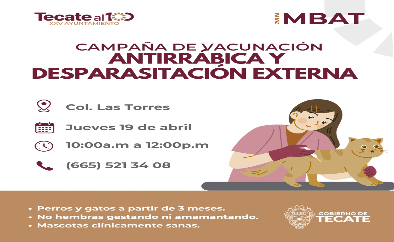 Realizará Gobierno de Tecate Campaña de Vacunación Antirrábica en Las Torres